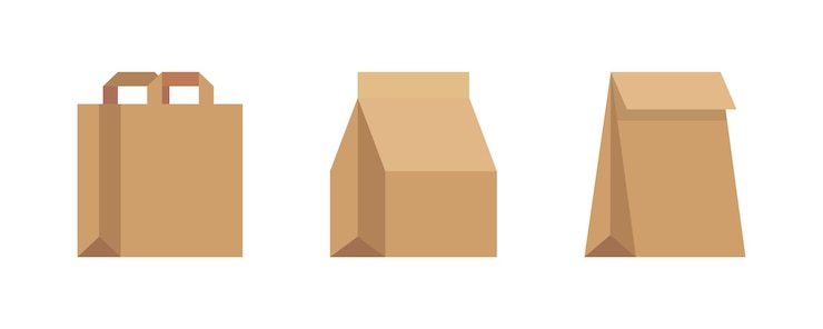 Vector juego de bolsas de compras de papel eco. paquetes de papel kraft. juego de bolsas de compras de papel reciclable. bolsa de embalaje. conjunto de iconos de bolsas de papel de dibujos animados. gráfico vectorial. 10 eps