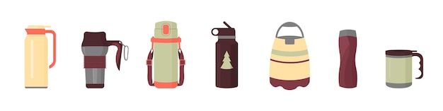 Juego de botellas de café Ilustración plana de una taza para beber agua Taza de viaje vectorial para té y vaso