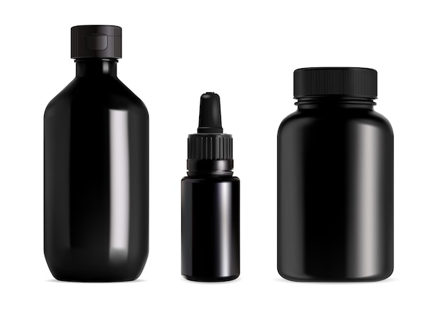 Vector juego de botellas médicas de vidrio negro. envase suplementario en blanco para producto de boticario