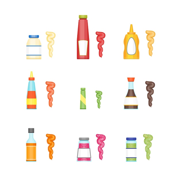 Juego de botellas de salsas de dibujos animados Ketchup Mostaza Mayonesa Wasabi y otro concepto de cocina Estilo de diseño plano Ilustración vectorial de Sause para menú