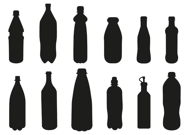 Vector juego de botellas surtido de recipientes para beber negros vector de diseño plano