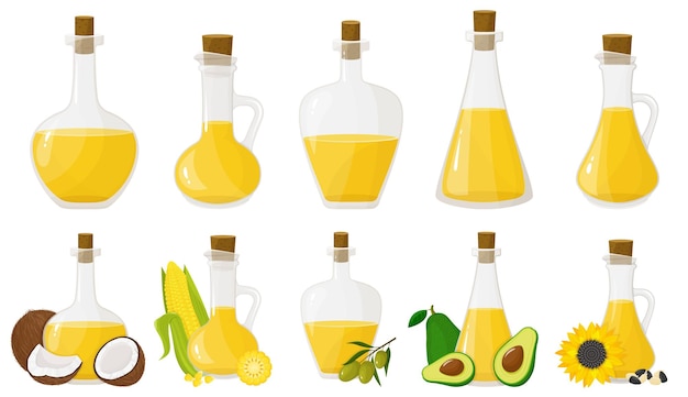 Un juego de botellas de vidrio con diferentes aceites. aceites de oliva, girasol, maíz, coco y aguacate. diseño plano, vector