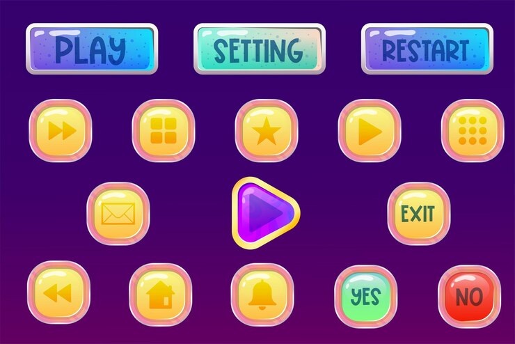 Vector juego de botones de espacio de juego ideal para juegos móviles 2d ilustración de vector de dibujos animados elementos de juego de diseño web móvil establecer activos de aplicación de menú