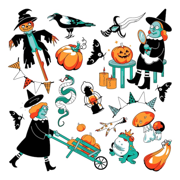 Juego de brujas de halloween. Elementos de dibujos animados de brujería. Ilustraciones vectoriales planas.