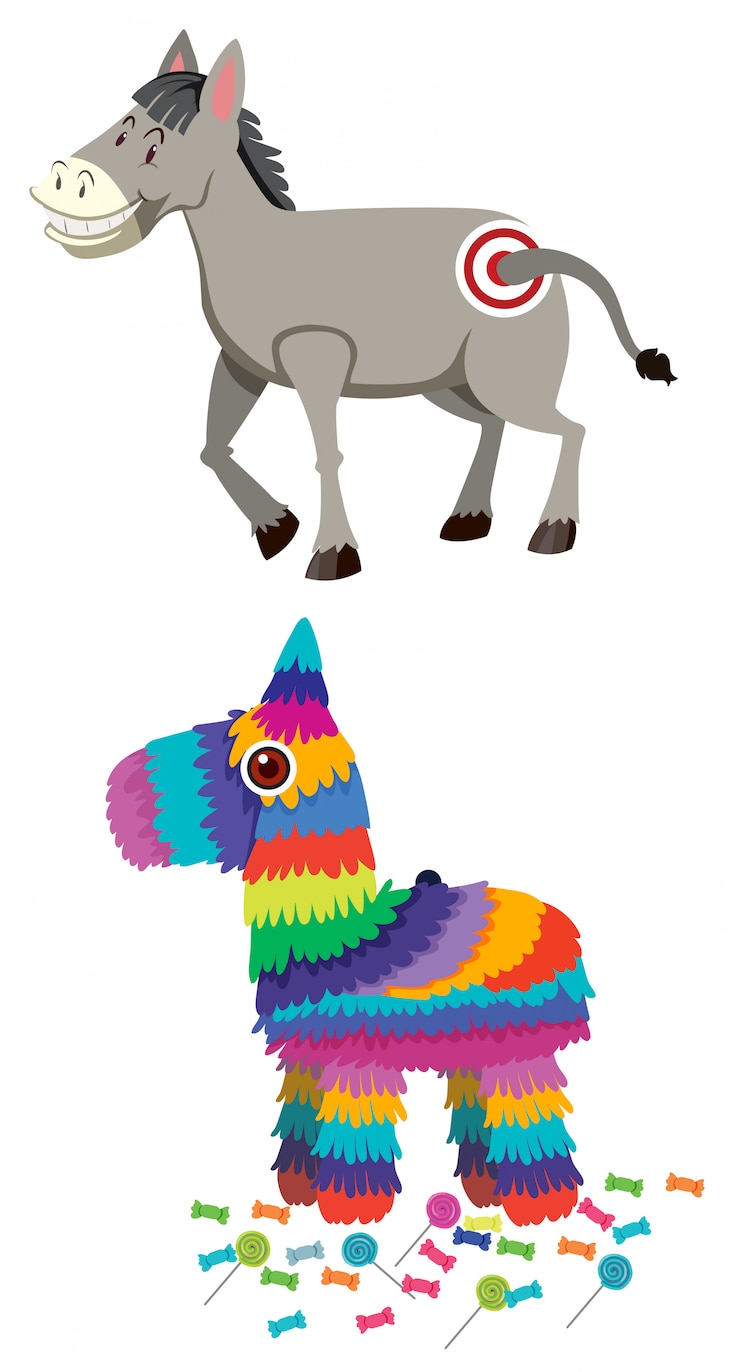 Vector juego de burros y piñatas.