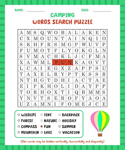 Vector juego de búsqueda de palabras, hoja de trabajo de rompecabezas de búsqueda de palabras para acampar para aprender inglés.