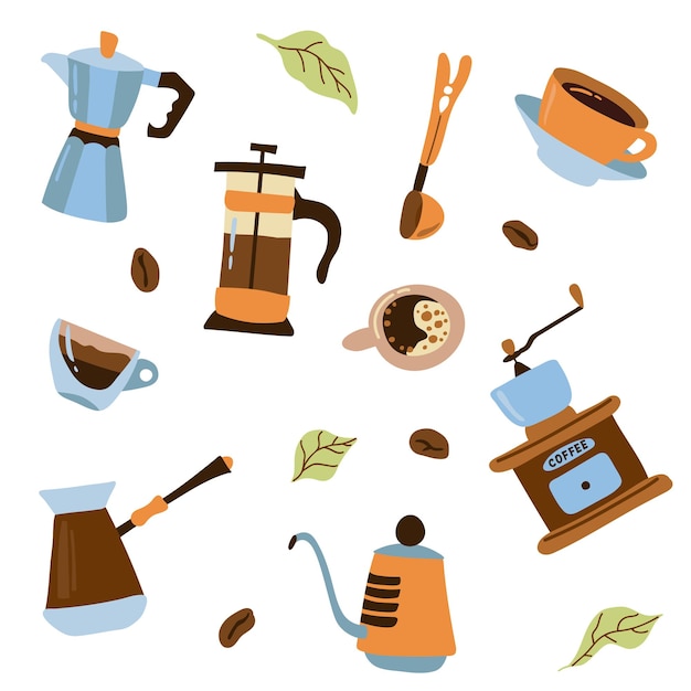 Juego de café dibujado a mano Fondo blanco aislar Ilustración vectorial