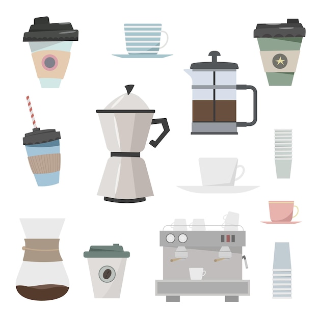 Juego de café de dibujos animados estilo plano ilustración vectorial elementos aislados sobre fondo blanco