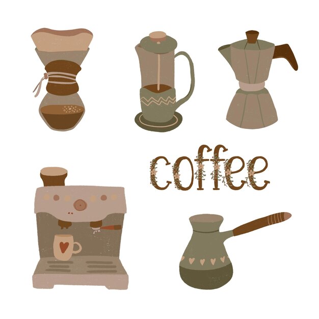 Juego de café de diferentes cafeteras y cafeteras