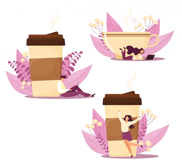 Juego de café con personajes y decoración floral. aísla en estilo plano de dibujos animados. Fondo blanco.