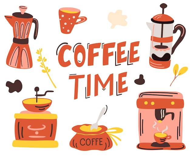 Juego de café. Rotulación de la hora del café. Dibujar a mano el tema del café, cafetera, taza, taza, prensa francesa, máquina de café, molinillo de café. Ilustración de vector de dibujos animados aislado sobre fondo blanco.