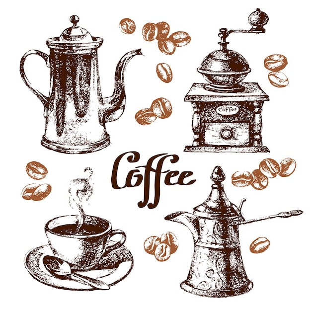 Juego de café vintage boceto dibujado a mano. Ilustración vectorial. Diseño de menú para cafetería y restaurante.