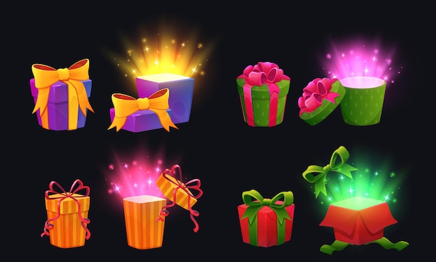 Juego de caja de regalo Regalo de dibujos animados mágicos con icono de cinta abierto estrellas brillantes paquete de fiesta sorpresa bonificación envuelta dentro de juego de premios secretos cofre cartón juego de cumpleaños de fondo vectorial
