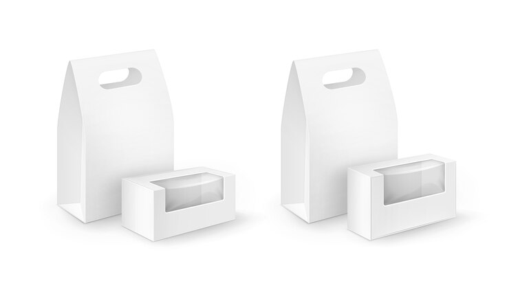 Vector juego de cajas de almuerzo con asa para llevar, rectángulo de cartón en blanco blanco, embalaje para sándwich