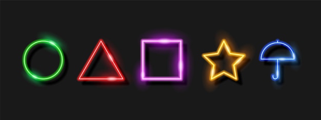 Juego de calamar Signo de neón abstracto Formas geométricas brillantes círculo triángulo cuadrado