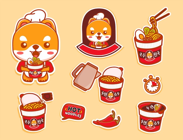 Juego de calcomanías de personajes de perros lindos e instrucciones de taza de fideos instantáneos picantes calientes. Vector de dibujos animados kawaii