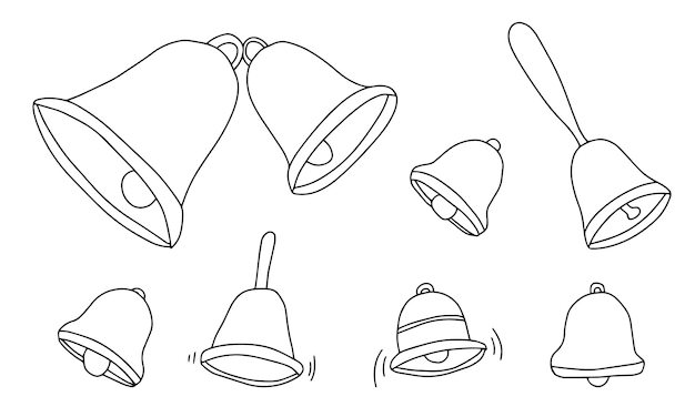 Juego de campanas dibujadas a mano en estilo garabato. ilustración vectorial