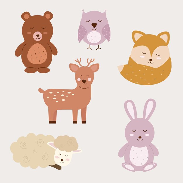 Juego de caracteres animales boho con los ojos cerrados animales bebés ilustración vectorial