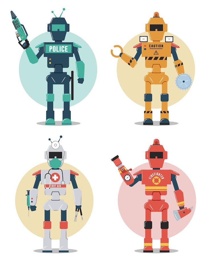 Vector juego de caracteres del robot policía, construcción, médico, bombero robot