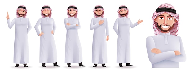 Juego de caracteres vectoriales de hombre árabe saudita. Personajes de negocios aislados en fondo blanco de pie.