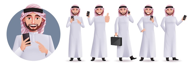 Juego de caracteres vectoriales de hombre árabe saudita. Personajes de negocios en pose profesional y gestos aislados.