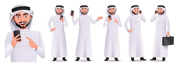 Juego de caracteres vectoriales de hombre de negocios árabe. Personajes masculinos árabes con bolsa y teléfono aislados.