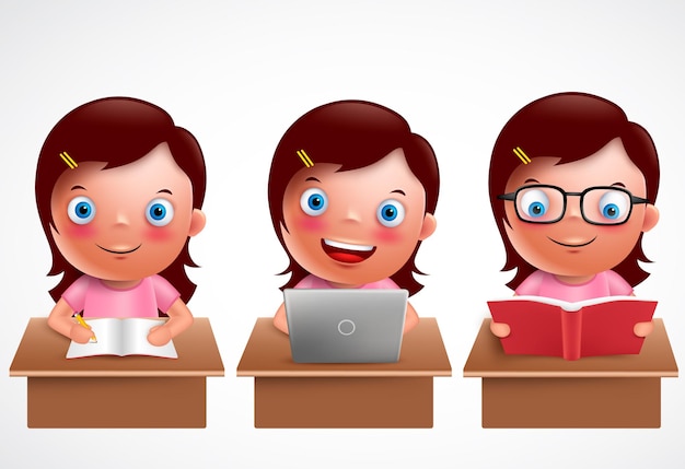 Juego de caracteres vectoriales para niñas y niños Estudiante de preescolar que estudia lectura y navegación en una computadora portátil