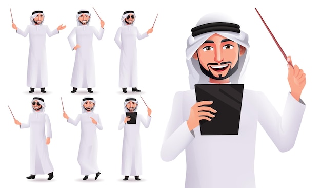 Juego de caracteres vectoriales de profesor árabe. colección de personajes de maestros árabes con puntero.