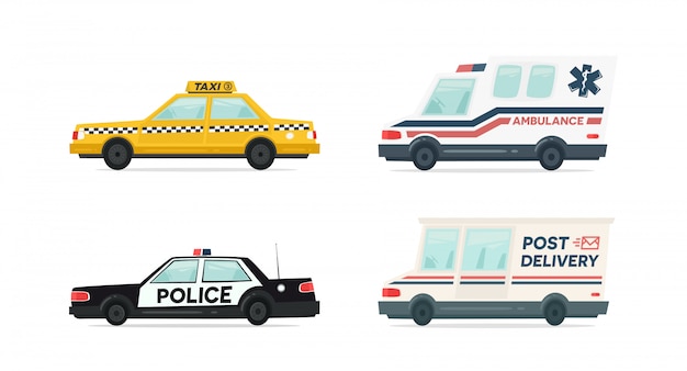 Juego de caricatura ambulancia, policia, reparto y taxi amarillo.