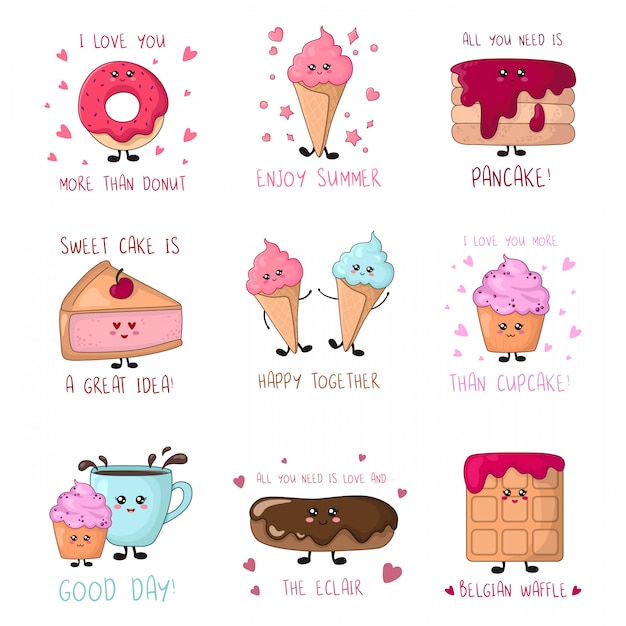 Juego de cartas con alimentos dulces kawaii - tortas, helados, rosquillas