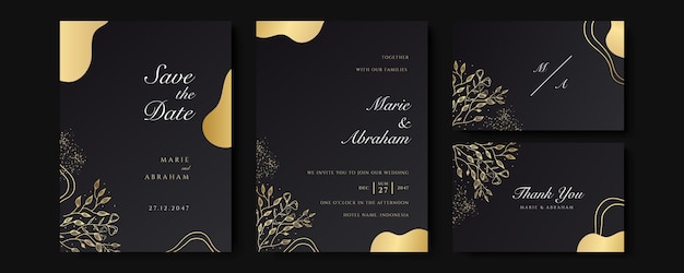 Juego de cartas con decoración floral de arte lineal. Diseño de plantilla de invitación de boda de hojas tropicales de oro de lujo y fondo negro. Ilustración botánica para guardar la fecha, evento, portada, vector