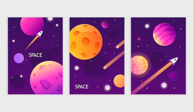 Vector juego de cartas de espacio oscuro. universo. estrellas y planetas de galaxias