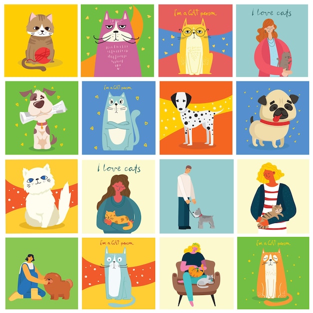 Juego de cartas con gente con perros y gatos.