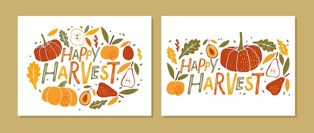 Juego de cartas de happy harvest. letras dibujadas a mano con frutas y verduras de otoño sobre fondo blanco