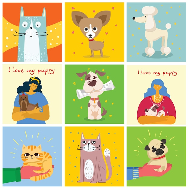 Juego de cartas con perros y gatos en estilo plano.