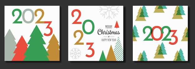 Juego de carteles de feliz año nuevo 2023. Plantillas de diseño con logotipo de tipografía 2023 para celebración y mares