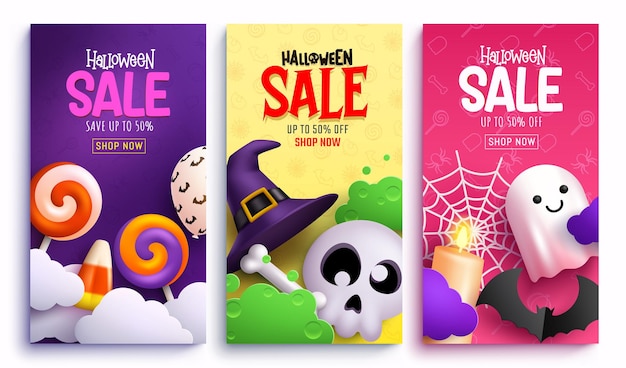 Juego de carteles vectoriales de venta de halloween. texto de venta de halloween con oferta de descuento de precio estacional para truco.