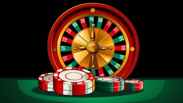 Vector un juego de casino con fichas de póquer y un juego de casino en el fondo.