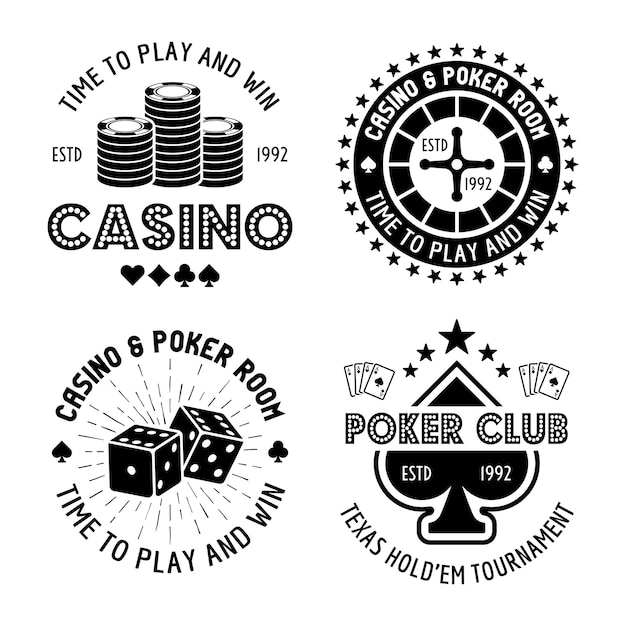 Juego de casino y póquer de cuatro emblemas de juego tipográfico monocromático vectorial etiquetas insignias o logotipos en estilo vintage aislado sobre fondo blanco
