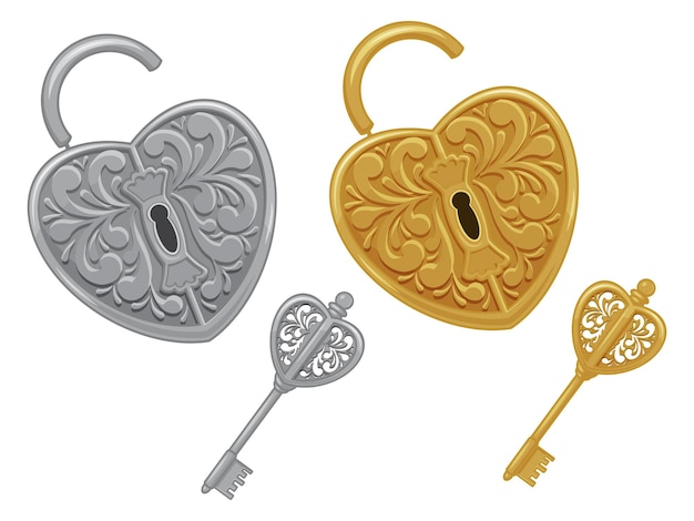 Juego de cerraduras y llaves, oro y plata. Aislado en blanco. ilustración. Estilo de dibujos animados.