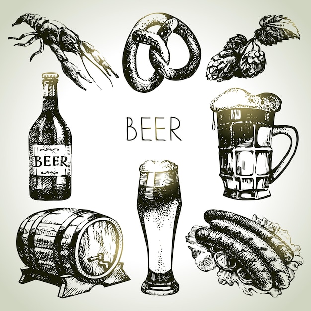 Juego de cerveza Oktoberfest. Ilustraciones dibujadas a mano