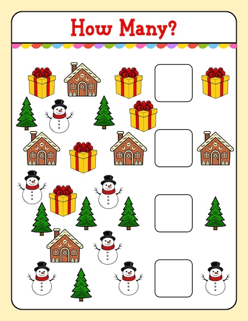 Juego Christmas How Many para niños, actividad de búsqueda y conteo para niños en edad preescolar