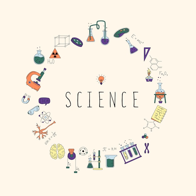 Juego de ciencia con elementos de ciencia Flasks mikrokop formulas y más