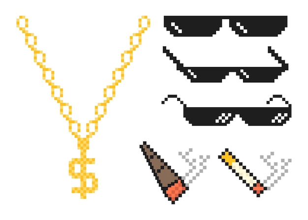 Juego de cigarrillos y cigarros de cadena de oro de gafas de píxeles aislados en un fondo blanco ilustración vectorial xa