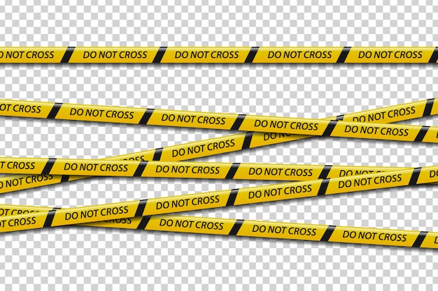 juego de cinta de precaución realista con el letrero de No Cruzar para decorar y cubrir el fondo transparente. Concepto de barricada, peligro y escena del crimen.