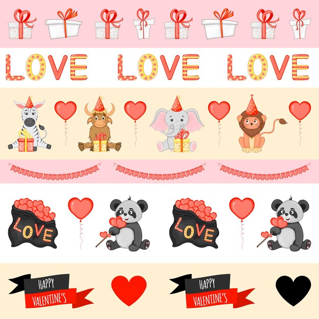Juego de cintas de San Valentín. Estilo de dibujos animados. Ilustración vectorial.