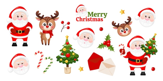 Un juego de clipart de Feliz Navidad con personajes de renos de Papá Noel árbol de Navidad caramelo caña de holly