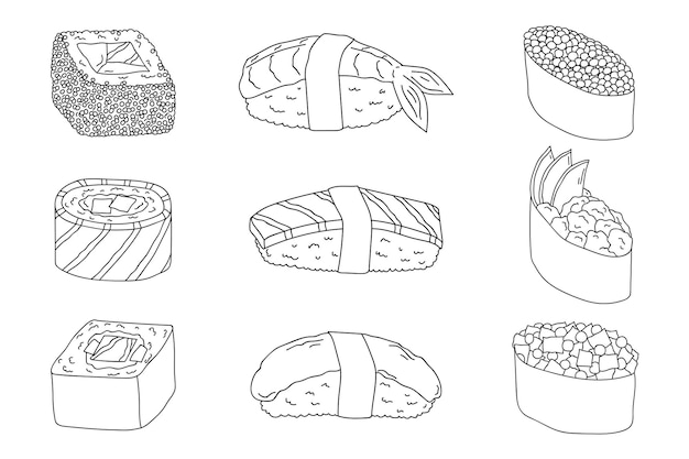 juego de clipart de rollo de sushi dibujado a mano platos de cocina tradicional japonesa comida asiática