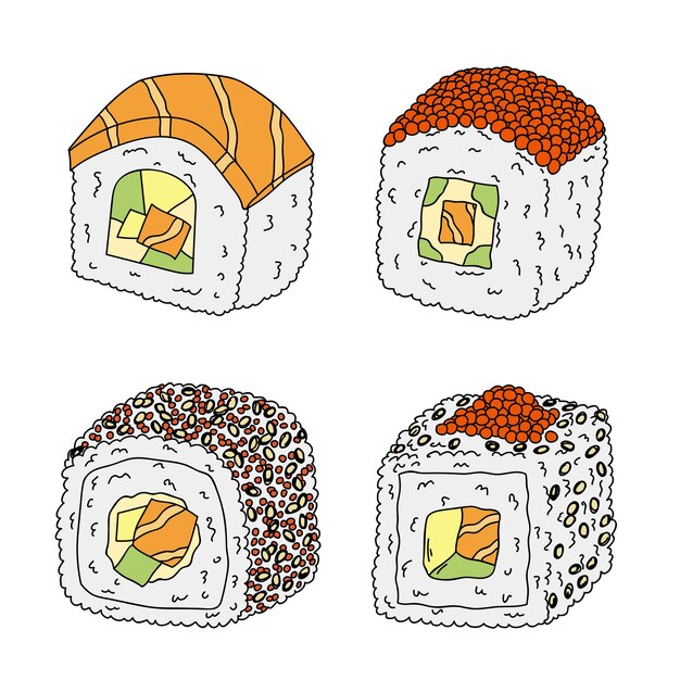 juego de clipart de rollo de sushi dibujado a mano platos de cocina tradicional japonesa comida asiática