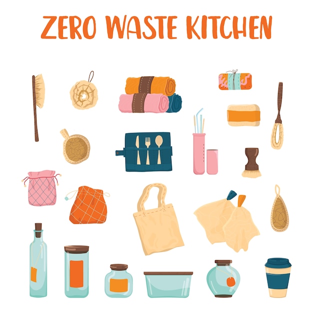 Juego de cocina Zero Waste. Colección de elementos ecológicos para personas que se preocupan por la ecología. Suministros ecológicos para cocinar y comer.